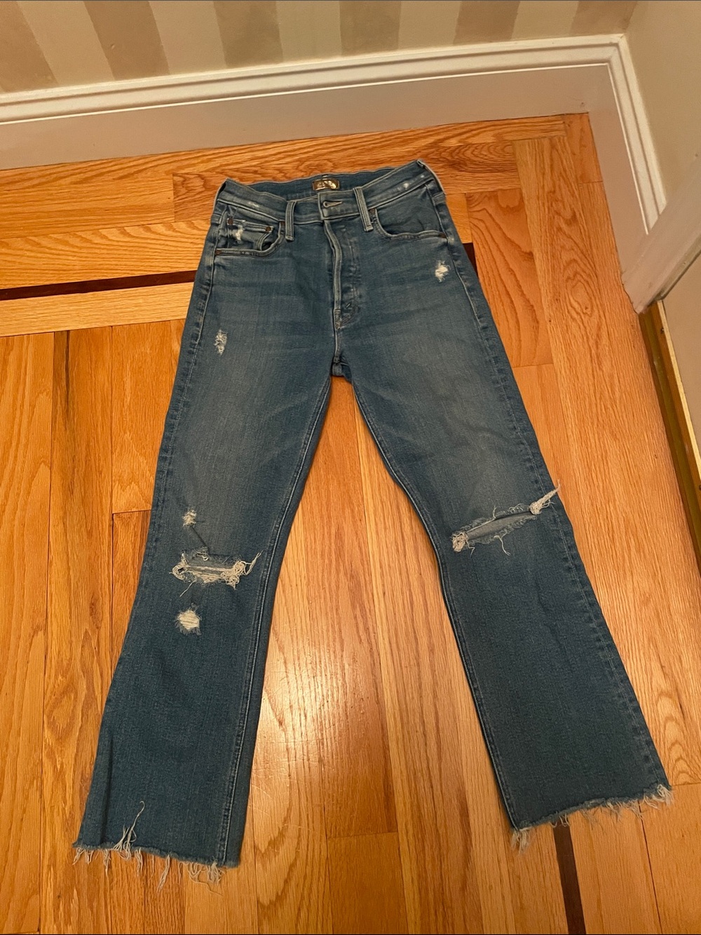 MOTHER Straight-Leg Distressed Jeans in Dark Blue